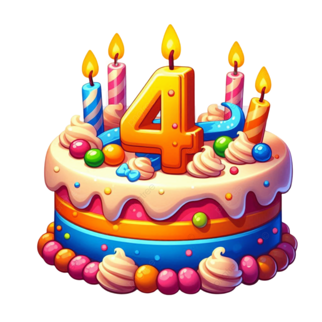 pngtree-colorful-happy-4th-birthday-cake-design-with-lit-candles-isolated-png-image_14153385